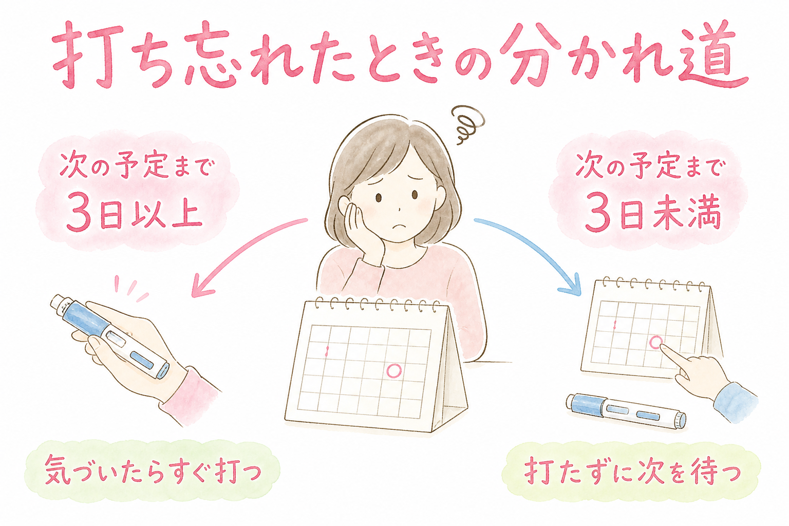 打ち忘れたときは次の予定日まで72時間以上ならすぐ打ち未満なら待つ