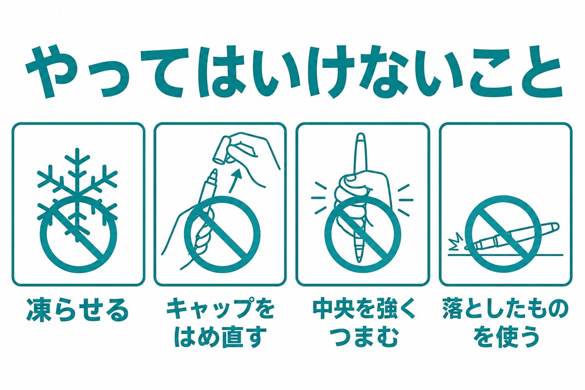 マンジャロでやってはいけないこと。凍らせる、キャップをはめ直す、本体の中央を強くつまむ、落としたものを使う