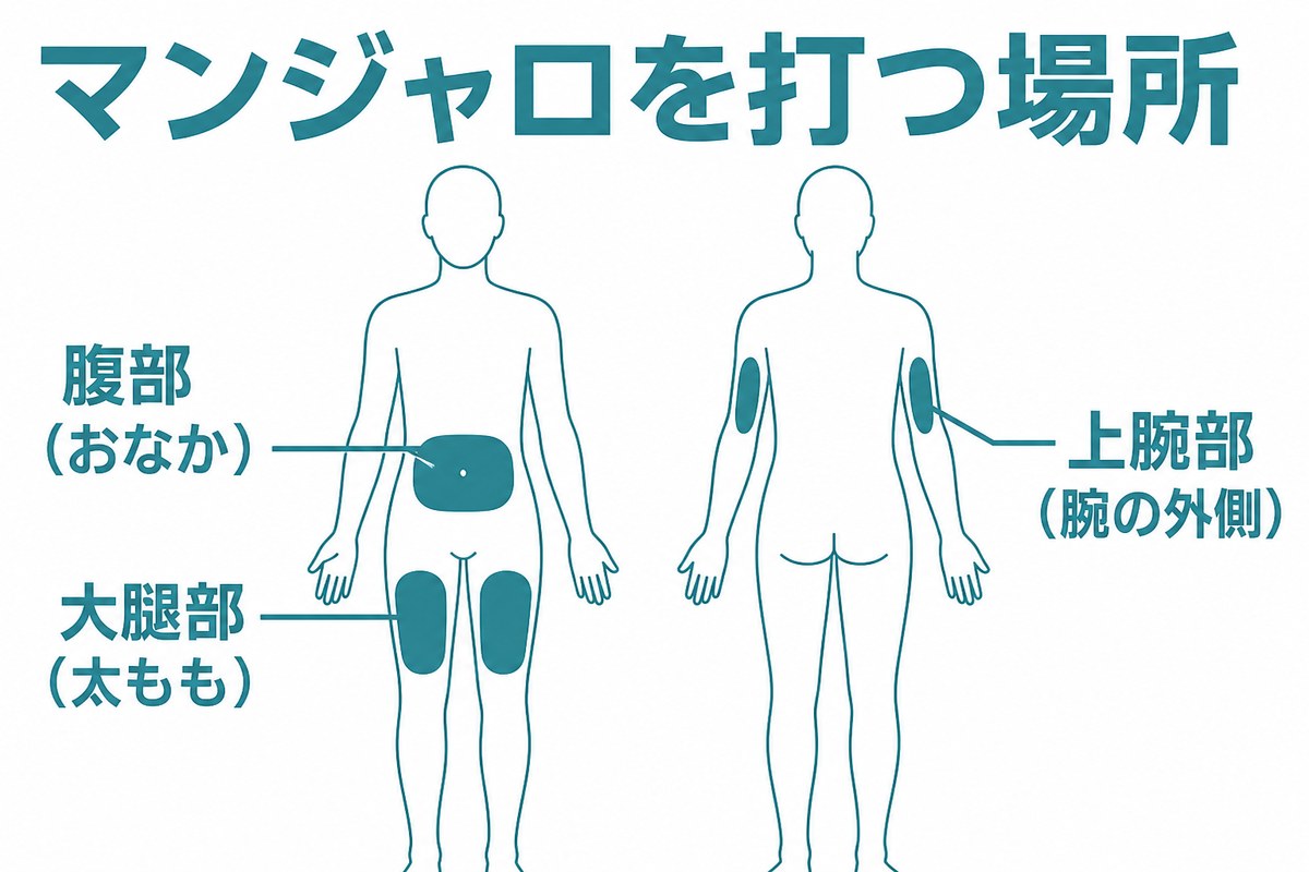 マンジャロを打つ場所。腹部・大腿部・上腕部の3か所と、毎回打つ場所を変える・静脈と筋肉には打たないという注意点を示した図