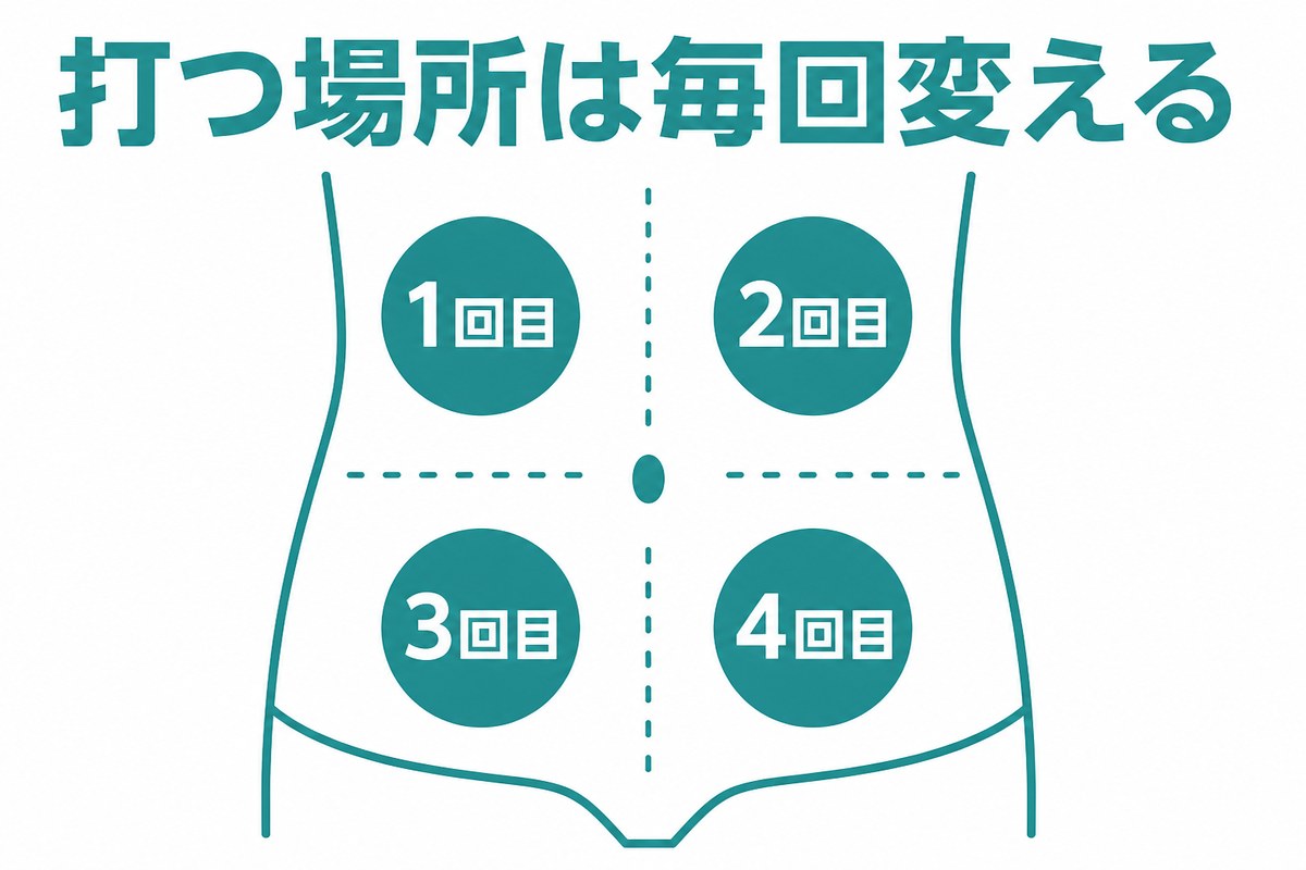 打つ場所は毎回変える。おなかをおへその周りを避けて4つの区画に分け、1回目から4回目まで場所をずらす例